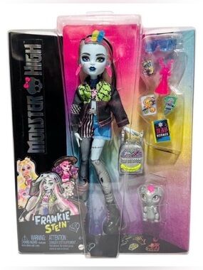 🆕 Monster High Frankie Stein Fashion Doll In Denim Jacket With Pet Watzie